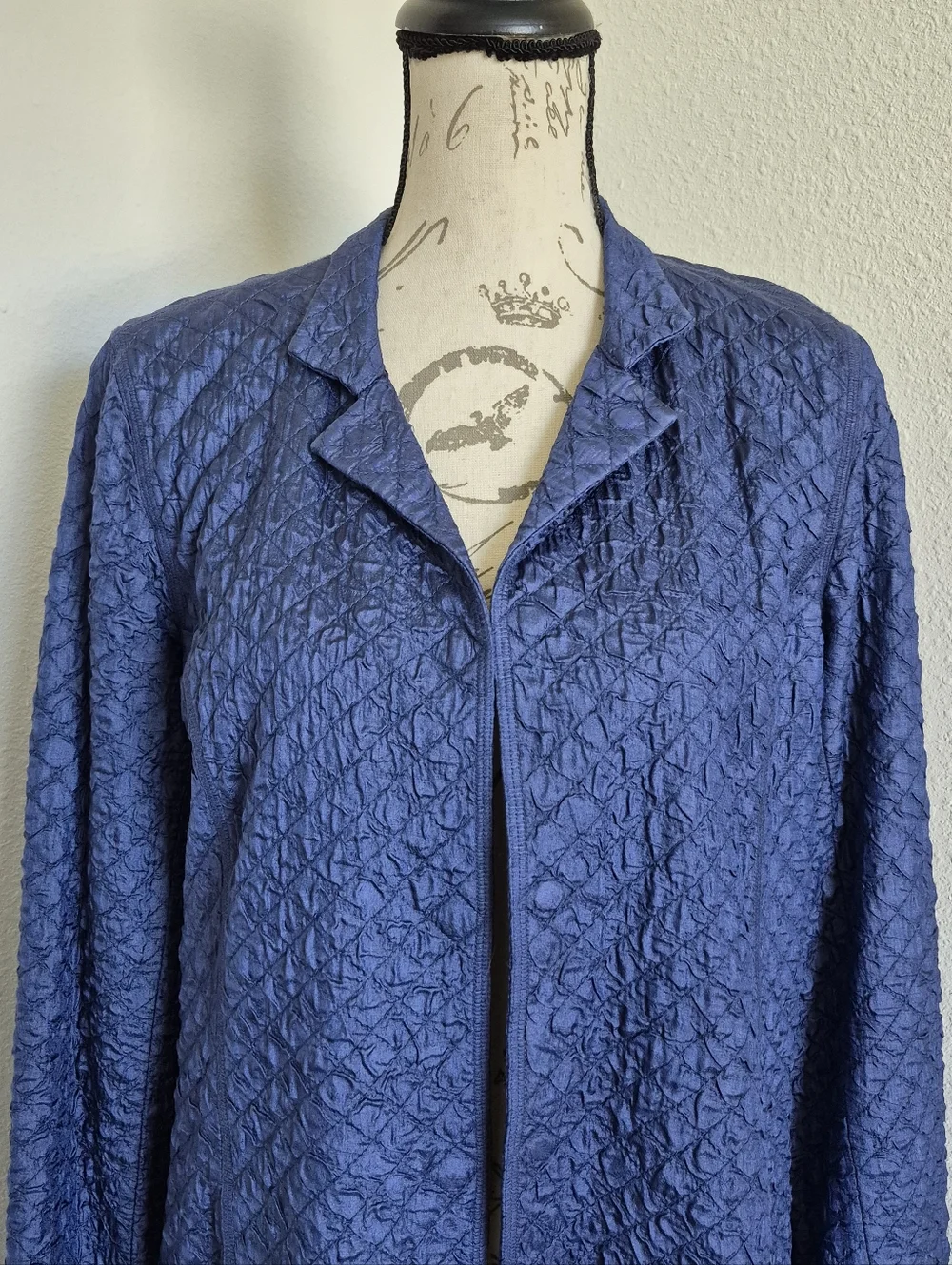 Eileen Fisher Quilted Crinkled Silk, Midi Trench Evening Coat in Blue